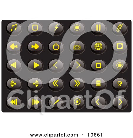 Clipart Illustration of a Collection Of Yellow Media Icons On A Black Background by Rasmussen Images