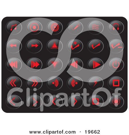 Clipart Illustration of a Collection Of Red Media Button Icons On A Black Background by Rasmussen Images