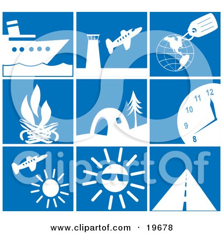 Clipart Illustration of a Collection Of White Travel Picture Icons On A Blue Background by Rasmussen Images