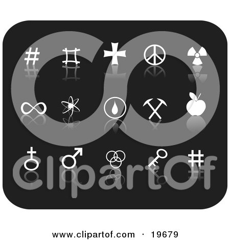 Clipart Illustration of a Collection Of Misc White Icons On A Black Background by Rasmussen Images