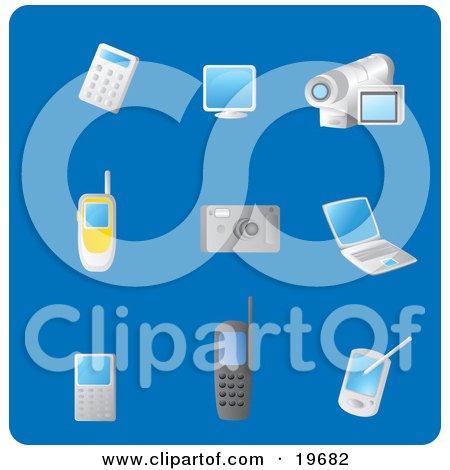 Clipart Illustration of a Collection Of Gadget Picture Icons On A Blue Background by Rasmussen Images