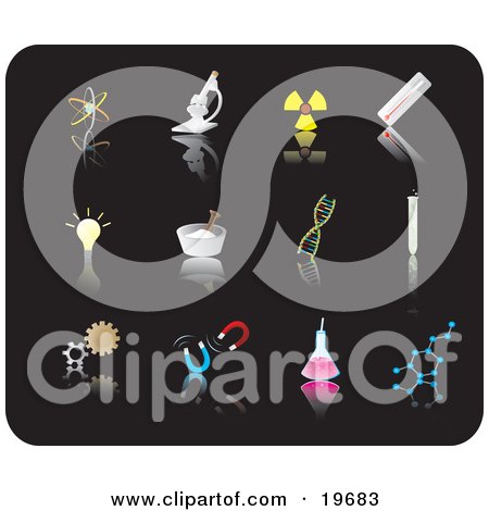 Clipart Illustration of Science Picture Icons on a Black Background by Rasmussen Images