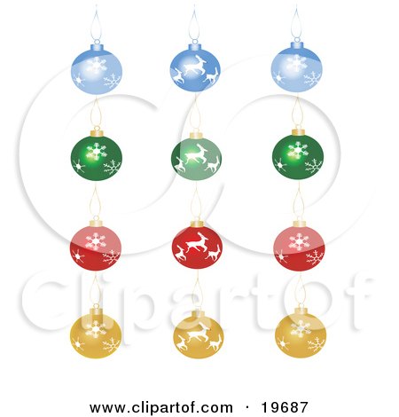 Clipart Illustration of a Collection of Blue, Green, Red and Yellow Christmas Tree Ornaments on a White Background by Rasmussen Images