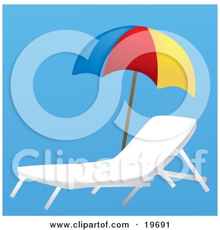 Clipart Illustration of an Empty Lounge Chair Under A Colorful Beach Umbrella on a Blue Background by Rasmussen Images