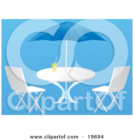 Clipart Illustration of a Beverage Resting On A Beach Table With Chairs, Under An Umbrella on a Blue Background by Rasmussen Images
