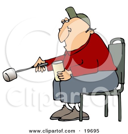 Clipart Illustration of a White Guy Sitting in a Chair and Roasting a Marshmallow Over a Fire While Camping by djart