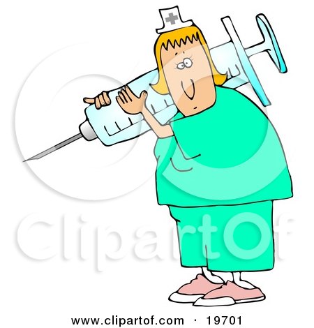 Clipart Illustration of a White Nurse Lady In Scrubs, Carrying A Giant Syringe Over Her Shoulder While Preparing A Vaccine For A Hospital Patient by djart