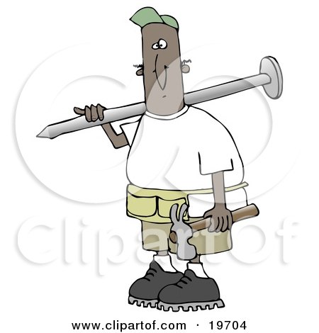 Clipart Illustration of a Black Construction Worker Man With A Giant Nail On His Shoulder, Carrying A Hammer In His Hand by djart