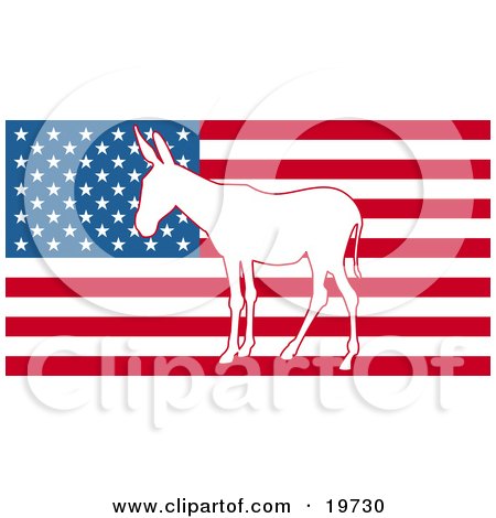 Clipart Illustration of a White Silhouette Of A Democratic Donkey In The Center Of The American Flag by AtStockIllustration