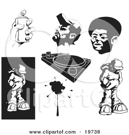 Clipart Illustration of African American Men, Spray Paint, Record Player, And Hip Hoppers. by AtStockIllustration