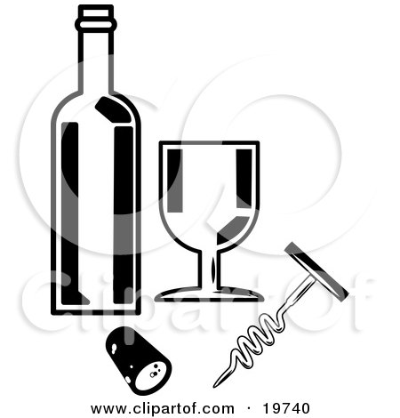 Clipart Illustration of a Wine Bottle, Goblet, Cork And Cork Screw by AtStockIllustration