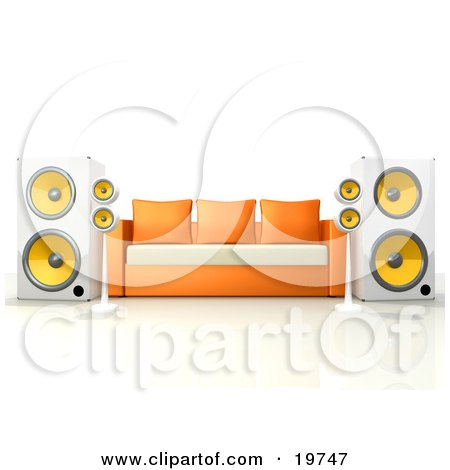 Clipart Graphic of an Orange And White Living Room Sofa With Surround Sound Speakers by 3poD