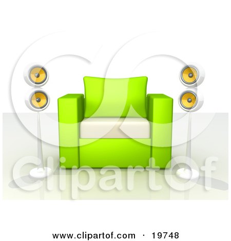 Clipart Graphic of a Green And White Chair With Two Surround Sound Speakers by 3poD