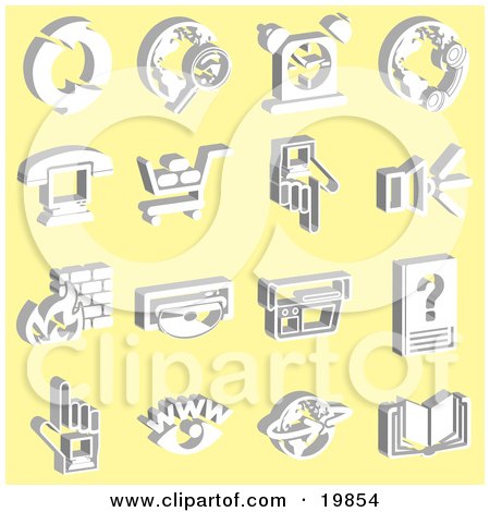 Clipart Illustration of a Collection Of White Icons Of Refresh Arrows, Magnifying Glass And Globe, Alarm, Phone And Globe, Phone And Computer, Shopping Cart, Pointing, Speakers, Fire, Cd, Camera, Eye, And Book, Over A Yellow Background by AtStockIllustration