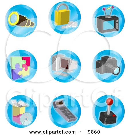 Clipart Illustration of a Collection Of Telescope, Padlock, Television, Puzzle, Computer, Camera, Disc, Calculator And Joystick Color Icons On A White Background by AtStockIllustration