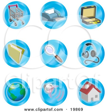 Clipart Illustration of a Collection Of Shopping Cart, Printer, Briefcase, File, Magnifying Glass, Headphones, Globe, Speakers And Home Color Icons On A White Background by AtStockIllustration