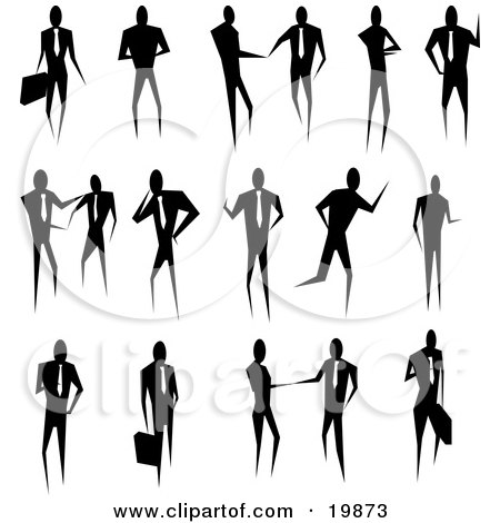 Clipart Illustration of a Silhouetted Collection Of Business People Conducting Business And Standing In Poses by AtStockIllustration