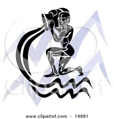 Clipart Illustration of a Silhouetted Spirit of Aquarius Over A Blue Aquarius Astrological Sign Of The Zodiac by AtStockIllustration