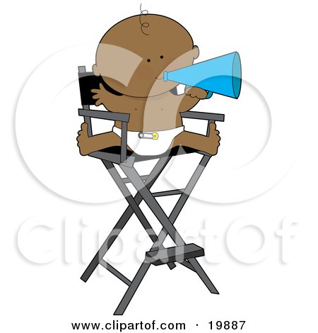 Clipart Illustration of a Cute African American Baby in a Diaper, Seated in a Director's Chair and Shouting Through a Cone by Maria Bell
