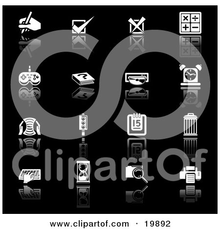 Clipart Illustration of a Collection Of Black And White Application Icons Of A Hand Writing, Check Mark, X Mark, Math Symbols, Controller, Book, Disc, Alarm Clock, Letter, Calendar, Trash Can, Typing, Hourglass, Folder And Printer, On A Black Background by AtStockIllustration
