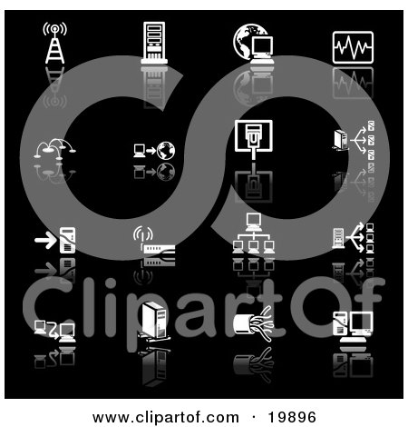 Clipart Illustration of a Collection Of Black And White Network Icons Of A Communications Tower, Computers, Globe, Chart, Www, Connections, Wireless Router, And Cables, On A Black Background by AtStockIllustration