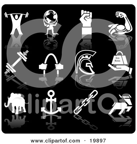 Clipart Illustration of a Collection Of White Silhouetted Strengh Icons Of A Weightlifter, Man Holding Globe, Hand, Muscles, Weights, Helmet, Elephant, Anchor, Deer, And Links On A Black Background by AtStockIllustration