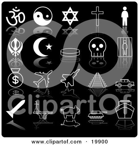 Clipart Illustration of a Collection Of Black And White Icons Of Religious Symbols, Ying Yang, Cross, Person, Crescent Moon, Skull, Prison, Moneybags, Airplanes, Train Tracks, Car, Pig, Tanker And Ship, On A Black Background by AtStockIllustration
