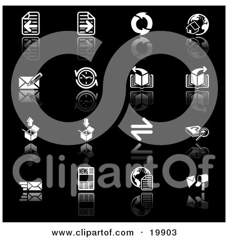 Clipart Illustration of a Collection Of Black And White Browser Icons Of Refresh Arrows, Home Page, Email, Compass, Page, Download, Upload, Search, And News Pics On A Black Background by AtStockIllustration