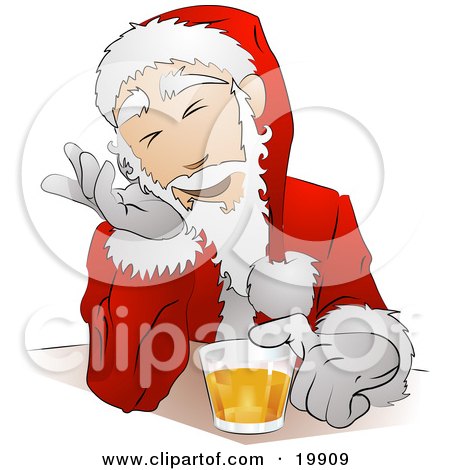 Clipart Illustration of Santa Claus In His Uniform And Hat, Giggling While Drinking Beer At A Bar by AtStockIllustration