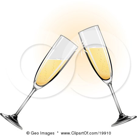 Clipart Illustration of Two Glass Champagne Glasses Toasting On  by AtStockIllustration