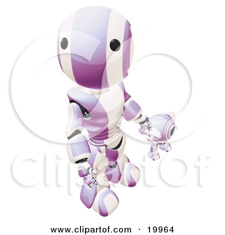 Clipart Illustration of a Humanoid Purple And White Ao-Maru Robot Looking Upwards While Holding Hands And Walking With A Small Webcam Spybot, On A White Background by Leo Blanchette