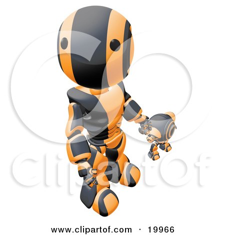 Clipart Illustration of a Humanoid Black And Orange Ao-Maru Robot Looking Upwards While Holding Hands And Walking With A Small Webcam Spybot, On A White Background by Leo Blanchette