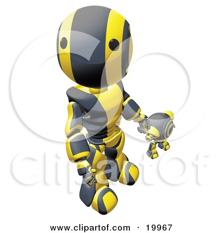 Clipart Illustration of a Humanoid Black And Yellow Ao-Maru Robot Looking Upwards While Holding Hands And Walking With A Small Webcam Spybot, On A White Background by Leo Blanchette