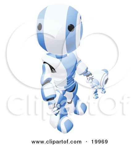 Clipart Illustration of a Humanoid Blue And White Ao-Maru Robot Looking Upwards While Holding Hands And Walking With A Small Webcam Spybot, On A White Background by Leo Blanchette
