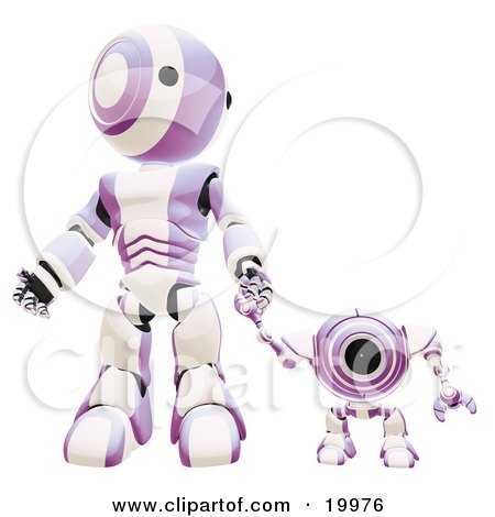 Clipart Illustration of a Purple And White Webcam Spybot And Humanoid Robot Holding Hands And Walking Forwards by Leo Blanchette