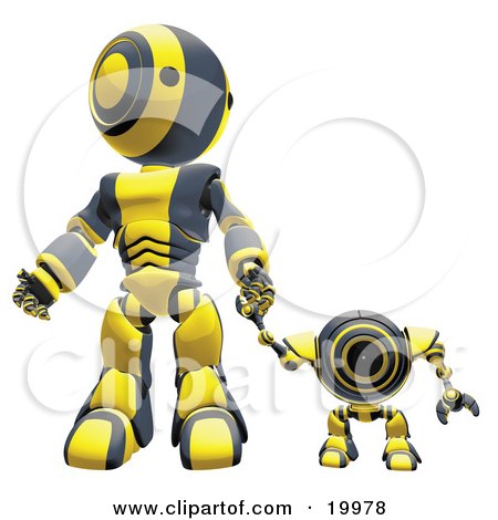 Clipart Illustration of a Black And Yellow Webcam Spybot And Humanoid Robot Holding Hands And Walking Forwards by Leo Blanchette