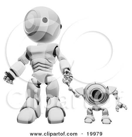 Clipart Illustration of a Silver Webcam Spybot And Humanoid Robot Holding Hands And Walking Forwards by Leo Blanchette