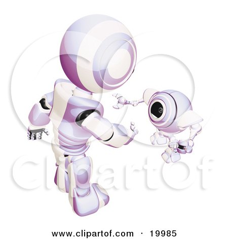 Clipart Illustration of a Short Purple And White Spybot Webcam Looking Up And Talking With A Humanoid Robot, On A White Background by Leo Blanchette