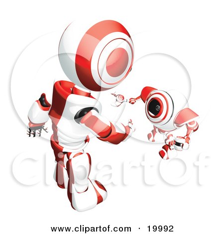 Clipart Illustration of a Short Red And White Spybot Webcam Looking Up And Talking With A Humanoid Robot, On A White Background by Leo Blanchette
