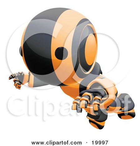 Clipart Illustration of a Clumsy Black And Orange Ao-Maru Humanoid Robot Falling Face First To The Ground, Over A White Background by Leo Blanchette