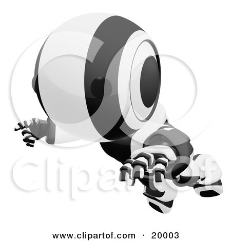 Clipart Illustration of a Clumsy Black And White Ao-Maru Humanoid Robot Falling Face First To The Ground, Over A White Background by Leo Blanchette