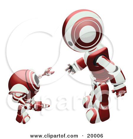 Clipart Illustration of a Maroon And White Humanoid Robot Bending Over Slightly To Speak To A Short Webcam Spybot, On A White Background by Leo Blanchette