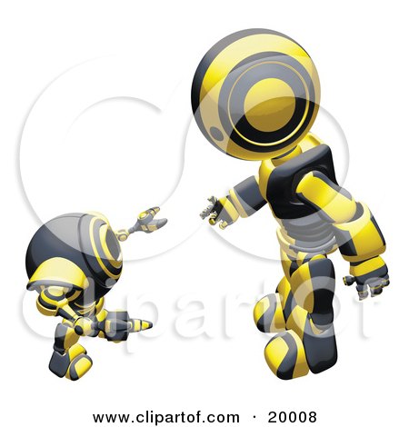Clipart Illustration of a Black And yellow Humanoid Robot Bending Over Slightly To Speak To A Short Webcam Spybot, On A White Background by Leo Blanchette