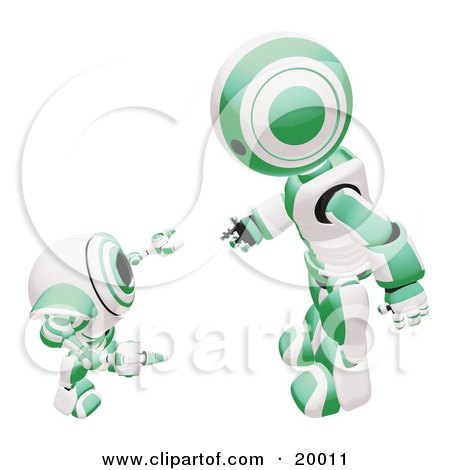 Clipart Illustration of a Green And White Humanoid Robot Bending Over Slightly To Speak To A Short Webcam Spybot, On A White Background by Leo Blanchette