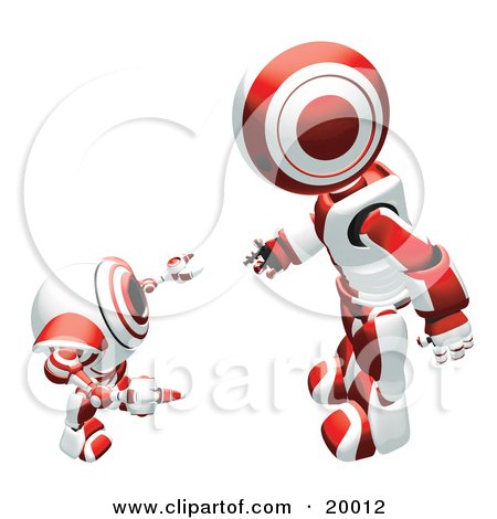Clipart Illustration of a Red And White Humanoid Robot Bending Over Slightly To Speak To A Short Webcam Spybot, On A White Background by Leo Blanchette