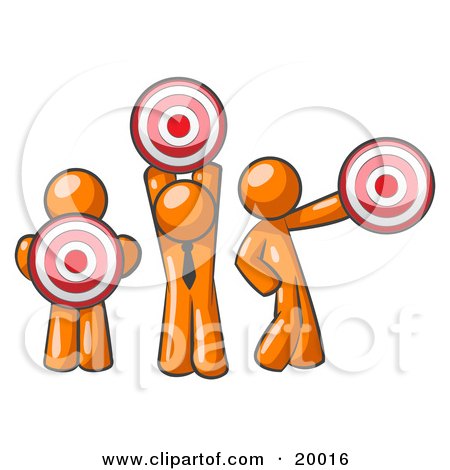 Clipart Illustration of a Group Of Three Orange Men Holding Red Targets In Different Positions by Leo Blanchette