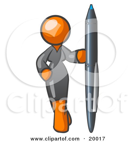 Clipart Illustration of a Curvy Orange Woman In A Gray Dress, Standing With One Hand On Her Hip, Holding A Huge Pen by Leo Blanchette