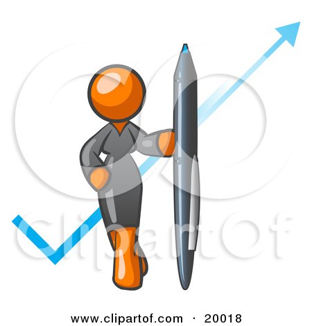 Clipart Illustration of an Orange Lady In A Gray Dress, Standing With A Giant Pen In Front Of A Blue Check Mark by Leo Blanchette