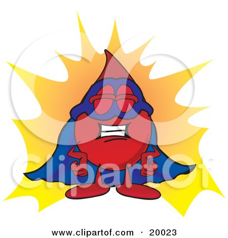 Clipart Picture of a Blood Drop Mascot Cartoon Character Dressed as a Super Hero by Mascot Junction