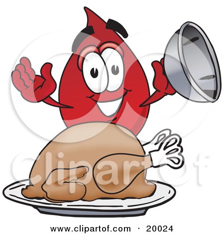 Clipart Picture of a Blood Drop Mascot Cartoon Character Serving a Thanksgiving Turkey on a Platter by Mascot Junction
